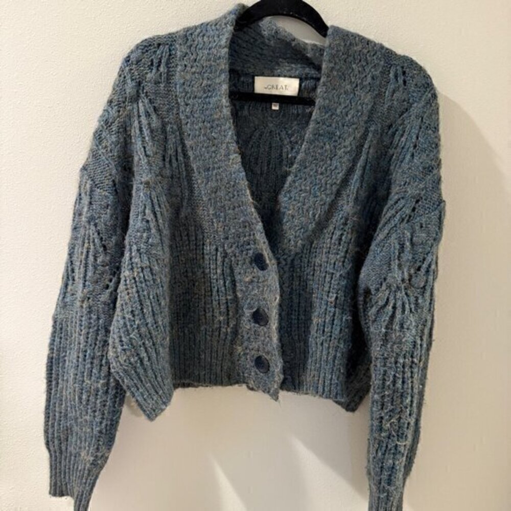THE GREAT. Chunky Blue-Grey Cable Knit Cardigan